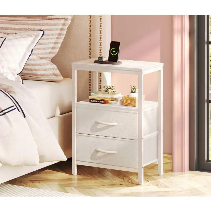 PU Leather Nightstand with Charging Station - Charging Station Bedside Table with Built-in USB-C, USB, AC Outlets, 2 Fabric Drawers, Adjustable Shelf, 66 lbs Capacity, Space-Saving for Bedroom, Living Room  Charging Station Bed