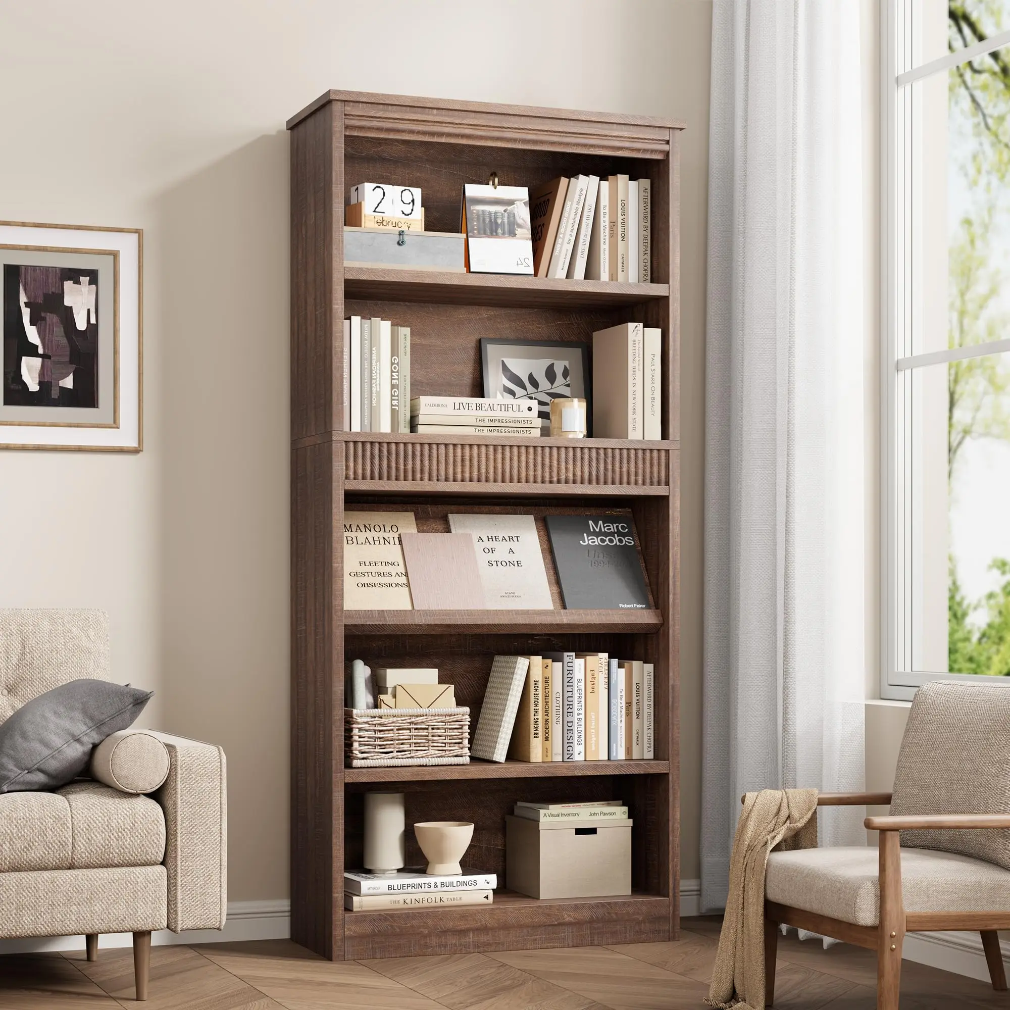 GARVEE Brown 71 in Farmhouse Bookcase w/Display Rack & Fluted Design, 5 Tier Tall Bookshelf with Wooden Base, Wood Bookshelf Vintage Book Shelf for Office Library
