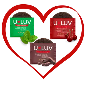U-LUV Brownie Lovers 6 Pack: 2 each of classic brownie, cherry brownie, and mint brownie cookies in one pack. Soft-baked, fudgy, and indulgent. Gluten-Free • Top 14 Allergen-Free • Seed Oil-Free • No Dyes • No Preservatives