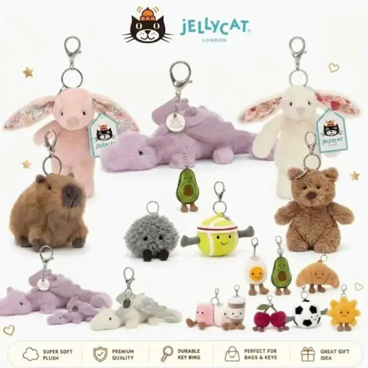 Jellycat Mini Plush Keychain - Adorable Kawaii Plush Charm, Soft Cuddly Toy Pendant, Cute Purse & Backpack Accessory for Collecting