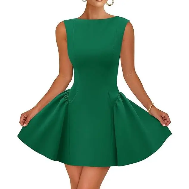 ZESICA Women's 2026 Summer Sleeveless Cocktail Mini Dress Boat Neck Backless Swing A Line Wedding Club Party Short Dresses