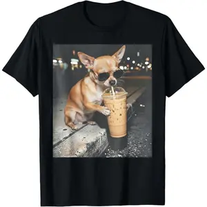 Women's Chihuahua drinking iced coffee Graphic T-Shirt - Short Sleeve Crew Neck Regular Fit Casual Wear | Soft & Breathable Fabric, Durable Print, Everyday Comfort, Machine Washable, funny animal meme urban night setting with a dog wearing sunglasses