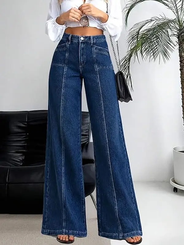 Women 's Wash Wide Leg Jeans Fashion Solid Color Vintage Denim Trousers for Party Reunion Casual Wear