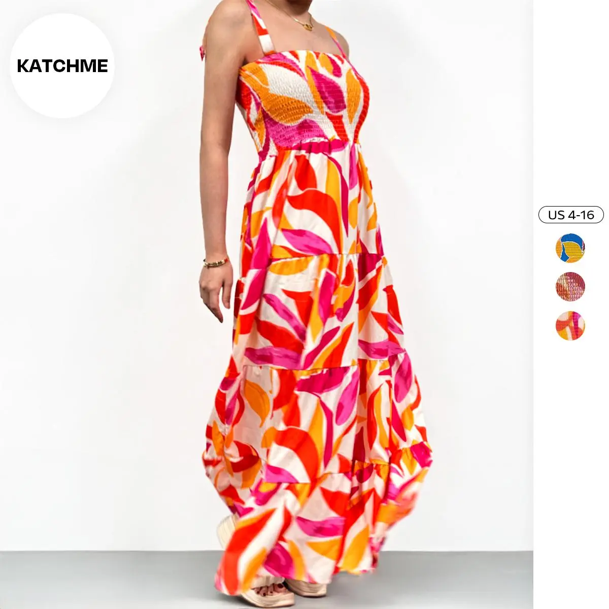 KatchMe Women's Sweet Print Tie-Up Straps Refreshing Dress (6-18UK),Trendy Thick Straps Thin Waist Floral Print Maxi Dress,Holiday Casual Womenswear