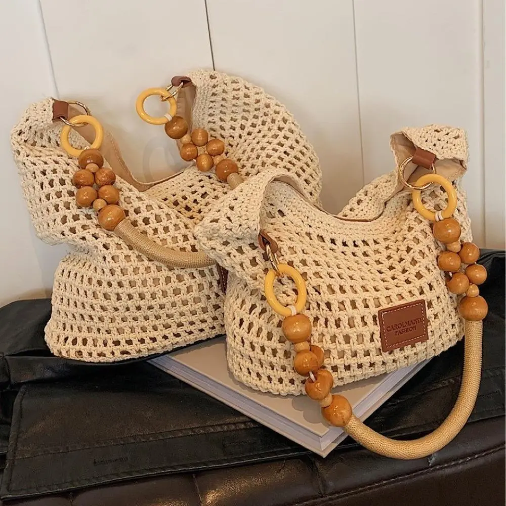 Elegant Crocheted Crossbody Bag for Women | Stylish Shoulder Bag with Wooden Bead Handles, Casual Trendy Versatile High-Quality Purse for Daily Commute & Everyday Use