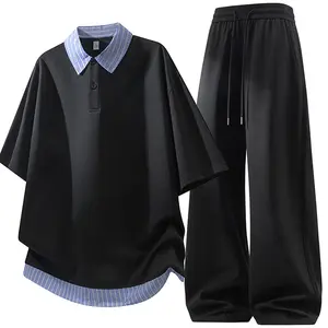 New summer casual men’s set with short sleeves and long pants; collegiate style faux two-piece design with contrasting collar and hem; minimalist unisex style. #fathersdaygift #SummerWins