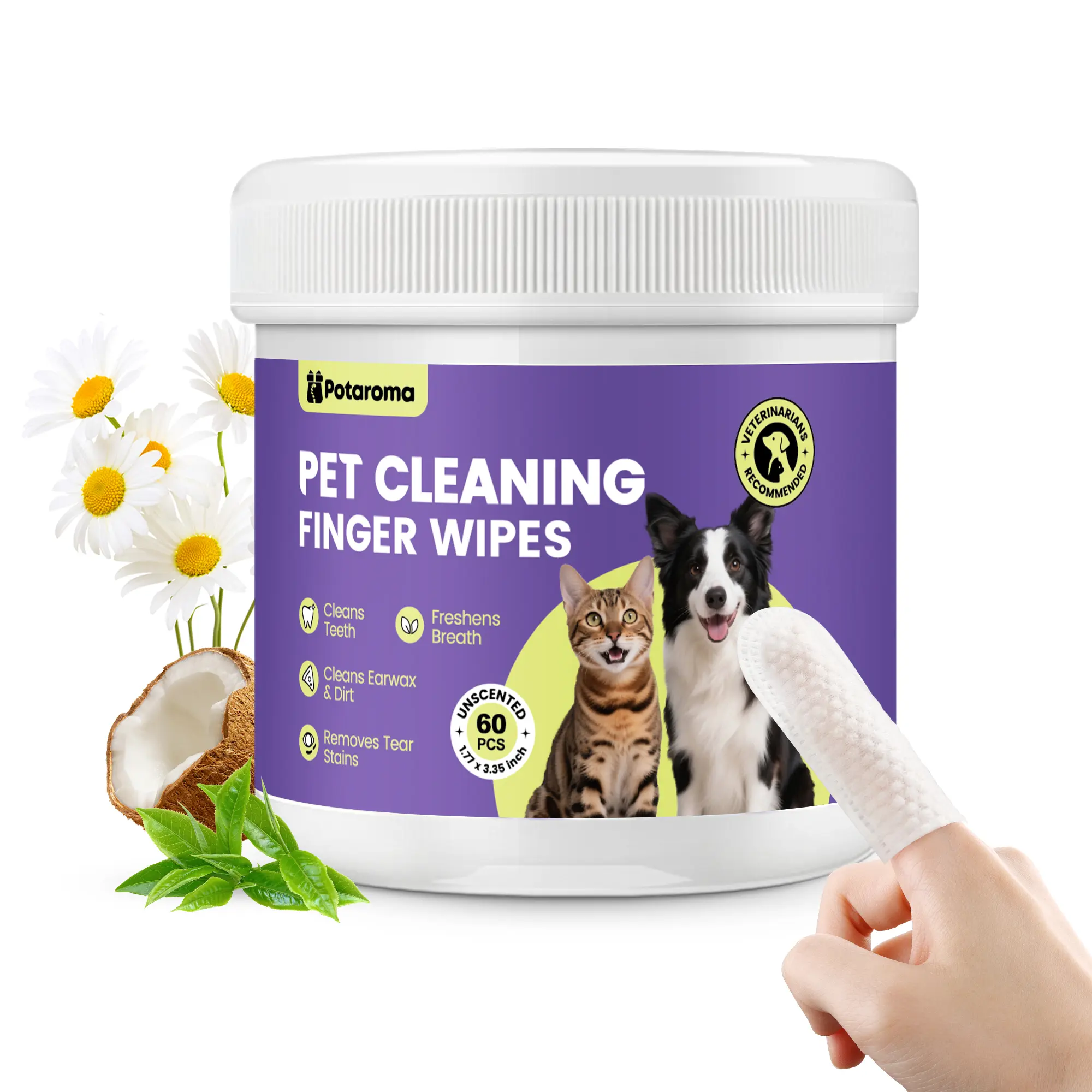 Potaroma Pet Finger Wipes for Dogs & Cats - No Rinse Finger Toothbrush Kit - 60 Count Ear Cleaner Grooming Kit- Soft Disposable Wipes Gentle & Safe Formula - Portable Travel Size #SummerVibes #petlovers