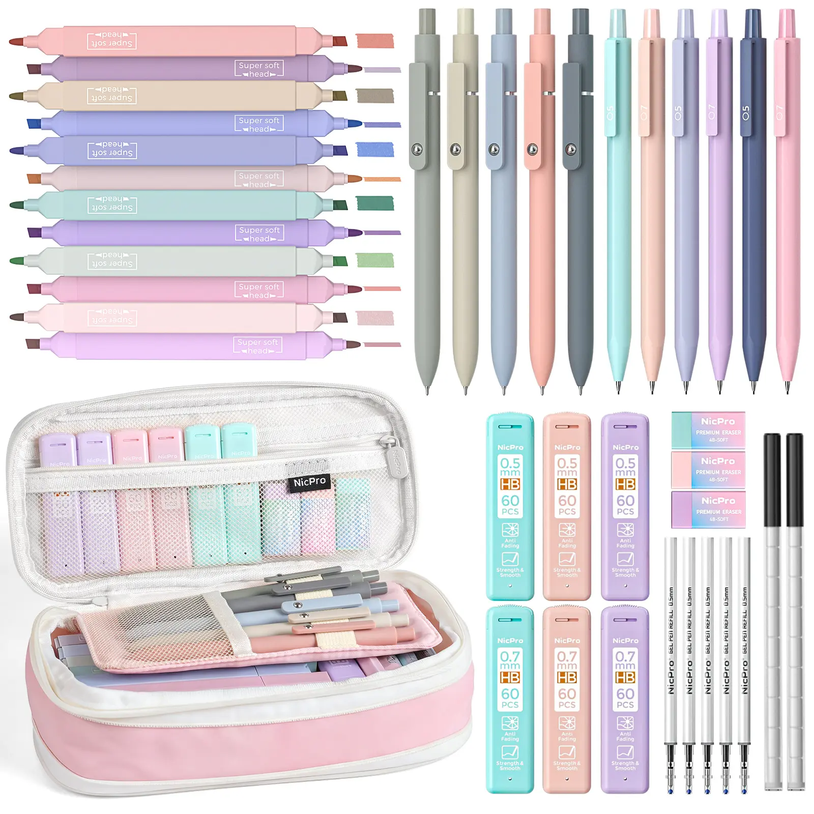 Nicpro 39-Pack Comprehensive Stationery Set for Students - Aesthetic School Supplies with Large Capacity Pencil Pouch, 12 Pastel Markers, 5 Quick-Dry Retractable Black Ink Pens, 6 Pastel 0.5-0.7mm Mechanical Pencils