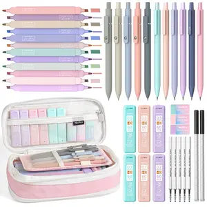 Nicpro 39 Pack Aesthetic School Supplies with Big Capacity Pen Case, 12 Color Pastel Highlighters, 5 Quick Dry Retractable Black Ink Pens, 6 Pastel Mechanical Pencil 0.5 & 0.7 mm for Student Stationary
