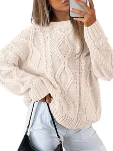 Women's Beige Cable Knit Sweater - Oversized Crew Neck Pullover for Fall & Winter