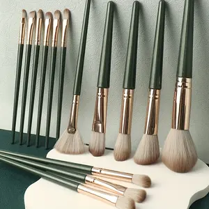 Luxury 14-Piece Makeup Brush Set Plush Green Professional Brushes for Full Face & Eye Details Perfect for Foundation Contouring and Blending
