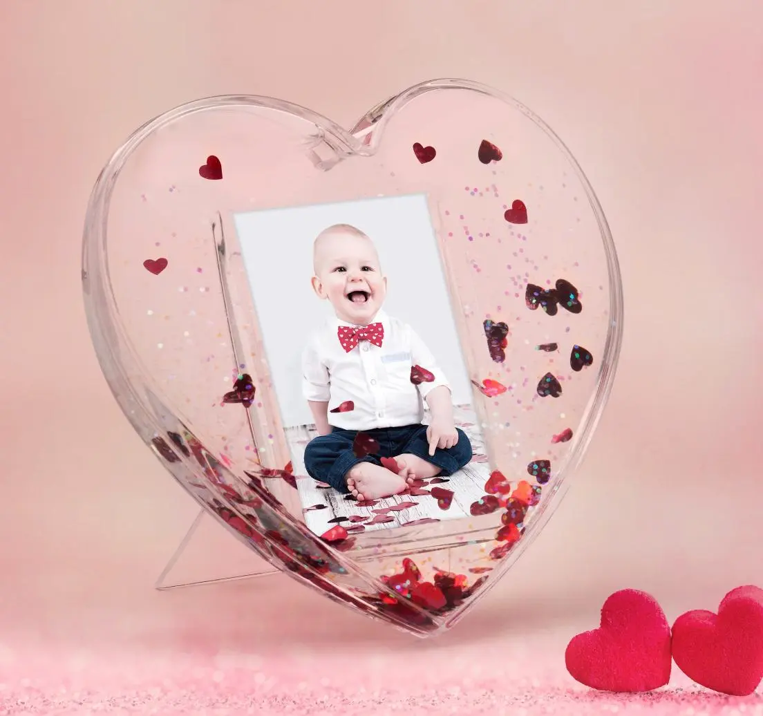 Mini Heart Shaped Picture Snow Globe Frame with Plastic Easel Stand for Personal Photos Perfect Valentine's Day Gift