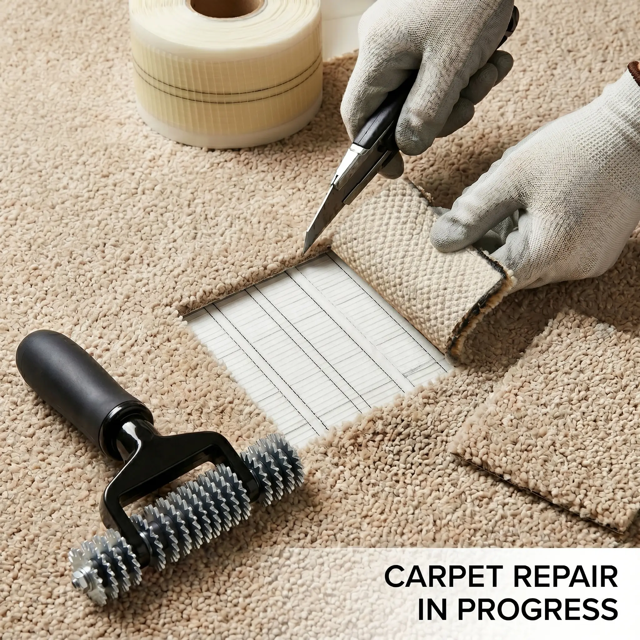 No-Iron Carpet Patch Repair Kit with 5-Inch Seam Roller & 30ft Double-Sided Tape, DIY Fix for Pet Damage, Move-Out Repairs & Cigarette Burns