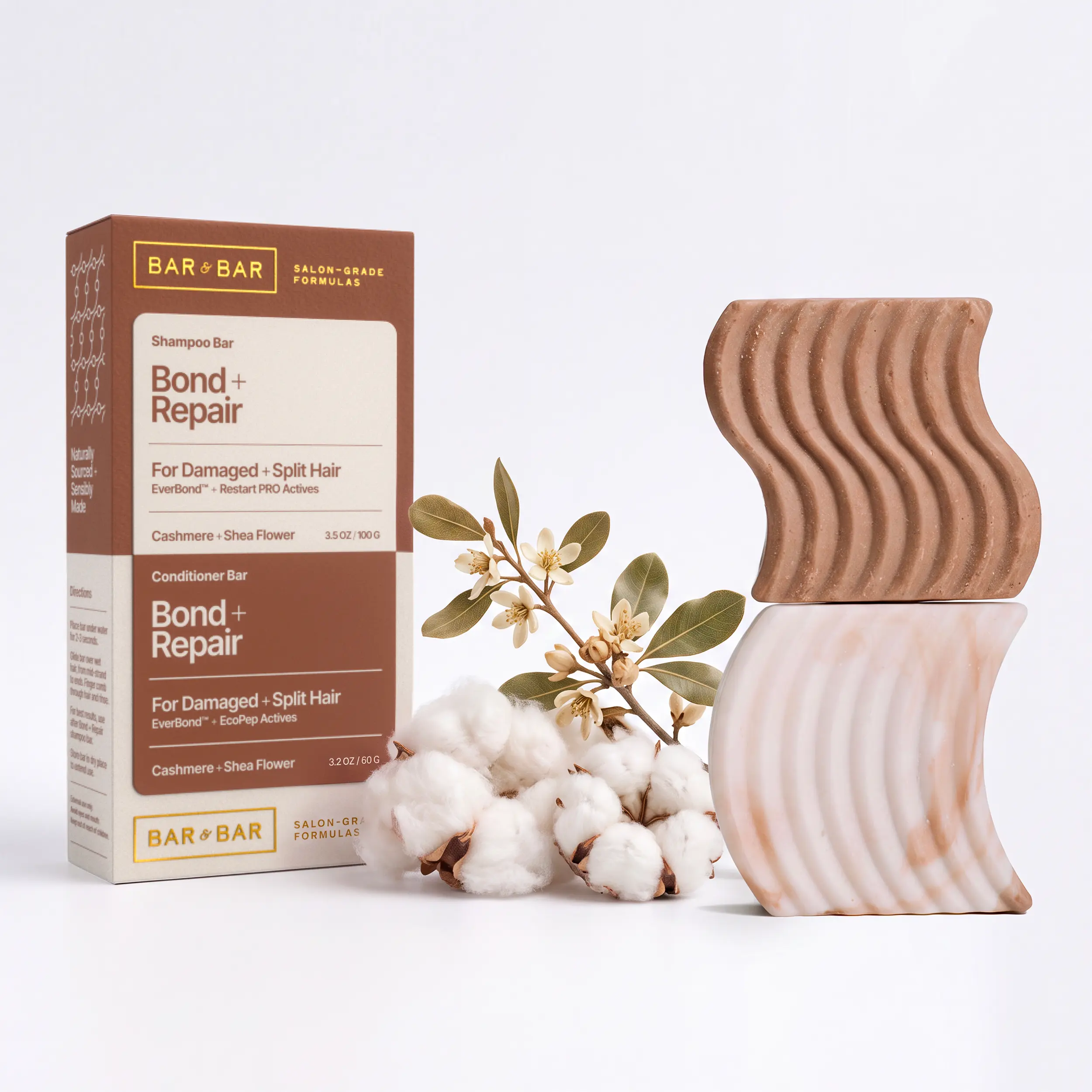 Bar & Bar Shampoo and Conditioner Bar Set – Bond + Repair – Strengthening Solid Hair Care Duo – Damaged Hair – Breakage Repair – Cashmere & Shea Flower