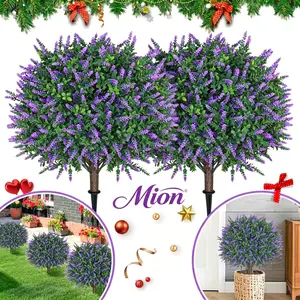 Mion 24 Inch Boxwood Topiary Balls with Lavender 2-Pack UV Resistant Faux Outdoor Plants, Realistic All-Season Artificial Topiary with Ground Spike & Garden Tools, Perfect for Front Door Porch Patio Planters Yard Garden Home Spring Decor tiktokshopspringg