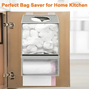 Kitchen Fabric Hanging Storage Bag, Trash Bag and Food Storage Bag Wall Organizer, Traceless Adhesive Installation, Plastic Bag Dispenser Holder, Suitable for Kitchen Cabinet Household Sundries Organization and Space Saving