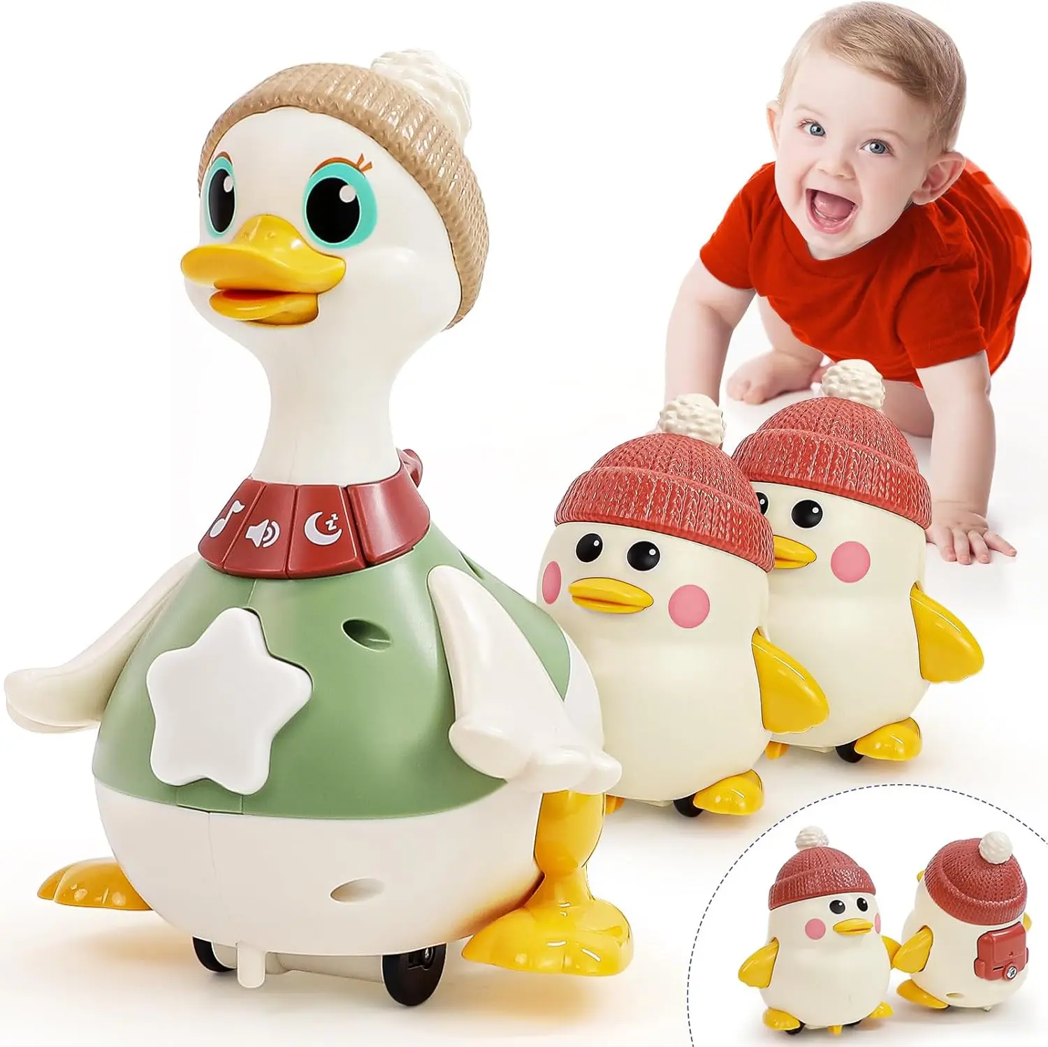HOLA Musical Light-Up Waddling Ducks Toy Set, 3 Pack Interactive Crawling Baby Toys, Sensory Development & Tummy Time Activity Toy for Infants and Toddlers 1-3 Years