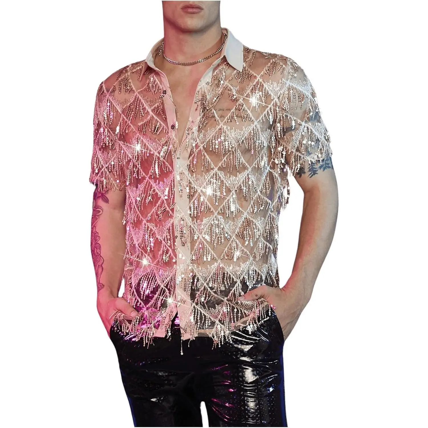 WDIRARA Men's Sequin-Decor Fringe Button-Front Soft Short-Sleeve Sheer Top, Menswear Party Wear Shirt, Shortsleeve