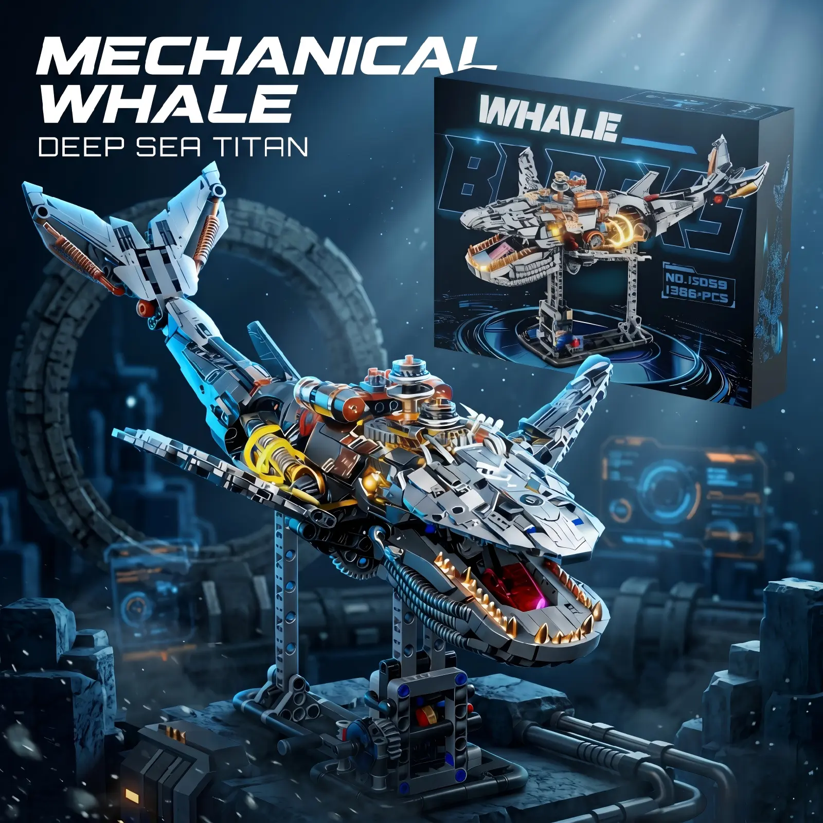 Steampunk Mechanical Whale Interlocking Building Block Set - 1386 Pcs ABS Plastic, Moving Gear Ocean Model, 3D Mechanical Buildings, 14+ Adult Collectors Set, DIY Assembly Kit, Collectors Block Set, Assembly Blocks Set