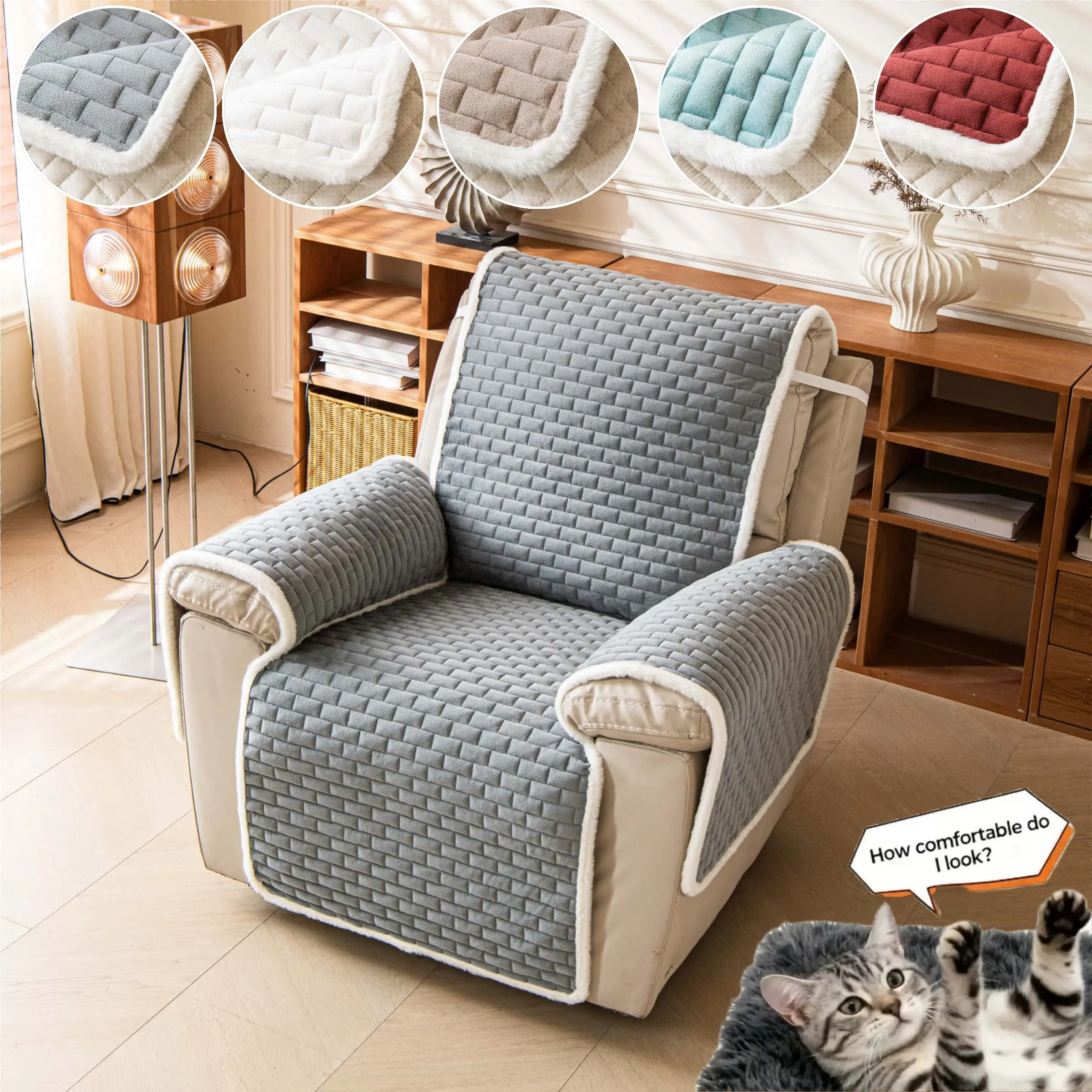 Recliner Chair sofa Cover, Non Slip Sofa Protector, Machine Washable Quilted Furniture Cover, Washable Covers, Secured with elastic cord, Multi Color Pet-Friendly Cover for Single Seat Recliner, Washable Sofa Slipcover