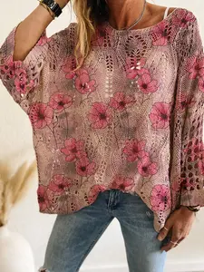 Women's Knitted Long Sleeve Top, Casual Elegant Commuter Wear, Gradient Flower Print, Floral, Batwing Shoulder, Spring Summer Autumn Winter