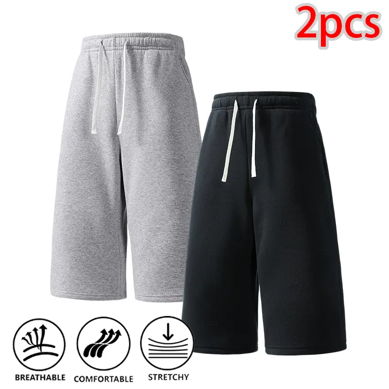 High-value men’s loose 3/4 sweatpants, solid-color knee-length casual pants, suitable for beach vacations, dorm life, and relaxing at home.