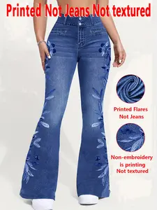 Women's Faux Denim Embroidered Print Bell Bottom Pants, Womenswear, Non-Denim Fabric, All Seasons Wear, 2D Printed Stitch Effect