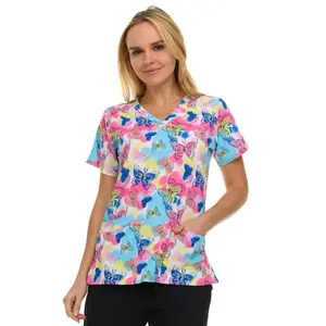 MediChic Scrubs Printed V-Neck Scrub Top - Four Pocket Fashion Scrub Top for Women