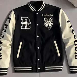Classic Menswear Baseball Jacket 100% Polyester Durable Wind-Resistant Black Apricot Colorblock Wolf Graphic Varsity Coat Vintage Retro Old-School Casual Sports SWAG Streetwear Light Fleece-Lined Winter Jacket Trendy Gift for Boyfriend