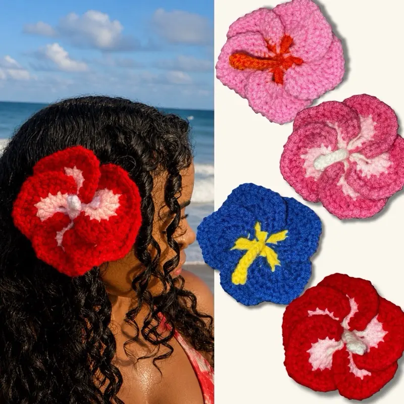 Crochet hibiscus hair clamp