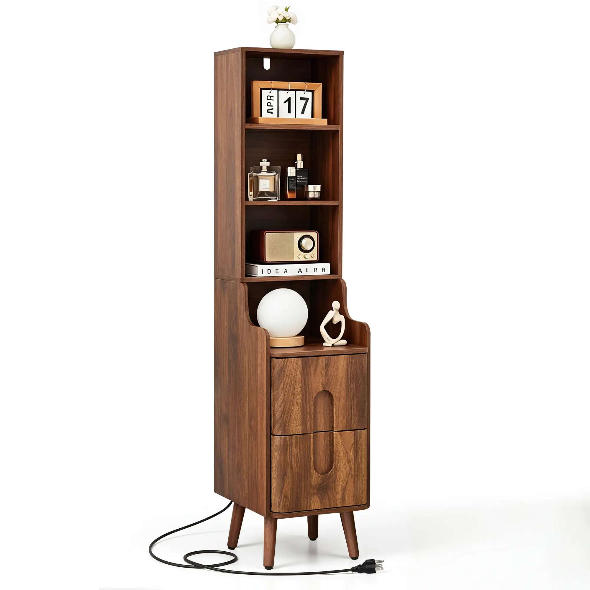 FurSch 54" Tall Narrow Nightstand with Charging Station, Slim Bedside Table with 3 Open Shelves & 2 Storage Drawers, Space-Saving End Table for Bedroom