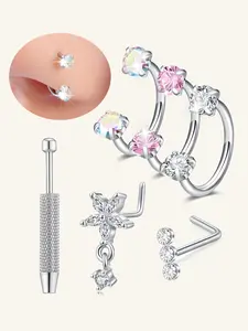 Stainless Steel Oxidized Zirconia Nose Ring, Spiral Nose Ring, Horseshoe Nose Hoop L-Shaped Nose Studs, Women's Surgical Steel U-Shape Tragus Earrings, Nose Piercing Jewelry