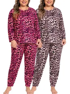Plus Size 1XL-5XL Women's 2-sets Leopard Print Pajama Set | Long-Sleeve Top & Full-Length Pants | Soft Breathable Loungewear