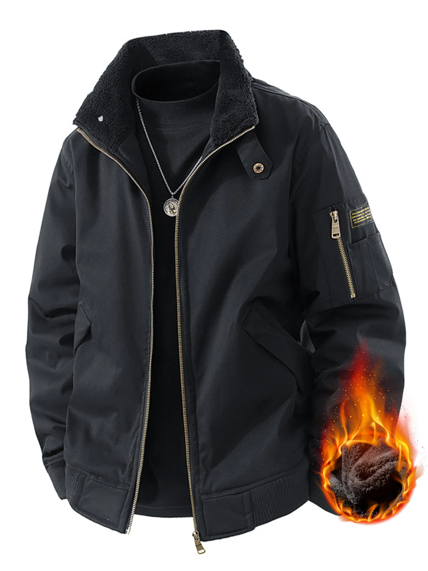 5288 Men’s Aviator Flight Jacket, Warm Stand Collar Windproof Bomber Jacket with Pockets