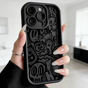 Cool Black Graffiti Pattern Case for iPhone 16 15 14 Pro Max 13 12 11 XS Plus Shockproof Full Camera Protection Durable slim Silicone Cover