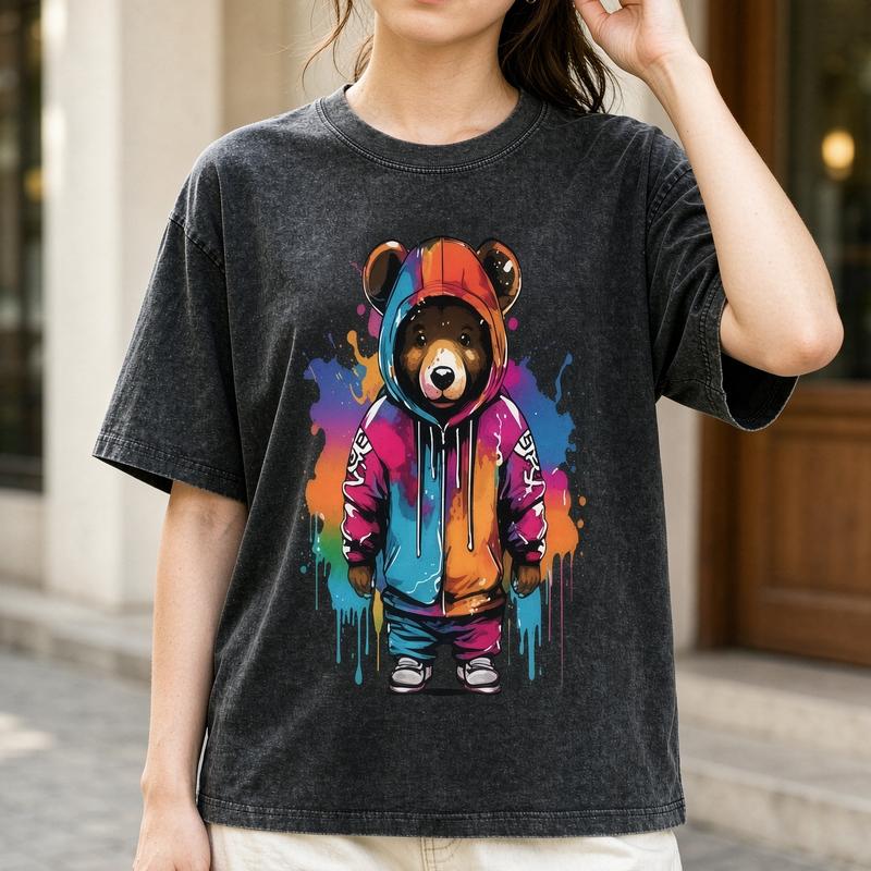 Women's Plus Size Acid Wash Cotton T-Shirt - Short Sleeve Crew Neck, Graffiti Bear Graphic, Vintage Oversized Lady's Top with Streetwear Fabric for Casual, Beach Wear