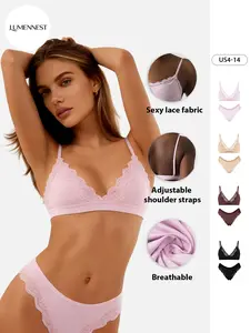 LUMENNEST Lounge Women's Leisure Lace Series Spaghetti Strap Lace Trim Wirefree Breathable V-Neck Bralette & Briefs Set, Basic Underwear Set