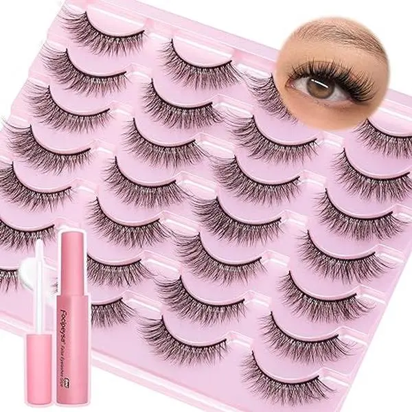 False Eyelashes 12mm Short Faux Mink Lashes Natural Look Fluffy Cat Eye Wispy Lashes Pack 14 Pairs (Lash Glue 8ml + Natural Lashes)
