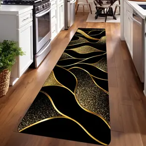 1PC，Black and Gold Curved Geometric PatternPatterned strip rugs, used for everyday or festive decorations, entryway mats, RV mats, bathroom non-slip mats, bedroom bedside mats, and kitchen mats.