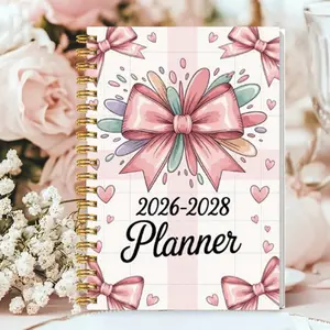 The three-year plan for 2026-2028 (the plan for 2026-2028) has a pink cover with bows and love patterns, including monthly calendar, target tracking, holiday list and to-do list. The long cover is suitable for long-term planning. Planner Notebook