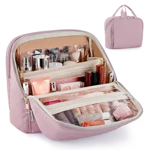 Makeup Bag, Large Capacity Travel Makeup Organizer, Portable Standing Make Up Case, Waterproof Cosmetic Toiletry Bags with Handle, Color Dusty Purple