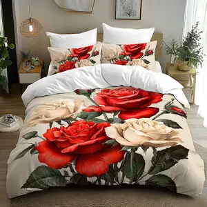 JIT2/3pcDigital Printed Bedding Set, Bedroom bedding set, with Duvet Cover and Pillowcase, Double Rhyme Rose theme pattern, no filling included, soft fabric, Christmas Valentine's Day gifts, 1 duvet cover + 1/2 pillowcase