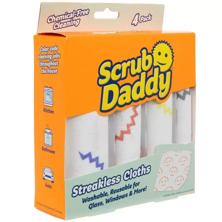 Scrub Daddy Streakless Cloths 4Pack - Chemical-Free Cleaning, Versatile for Home Tasks, Streakless Finish, 4 Pack