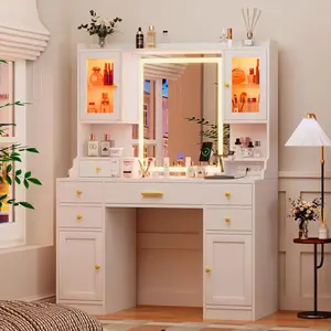 Vanity Desk with Mirror and Lights, Large Vanity Table Set with Charging Station, Dressing Table with RGB Cabinets,  Vanity Mirror with Light Desk and Drawers, 3 LED Light Modes Makeup White Lighted wooden