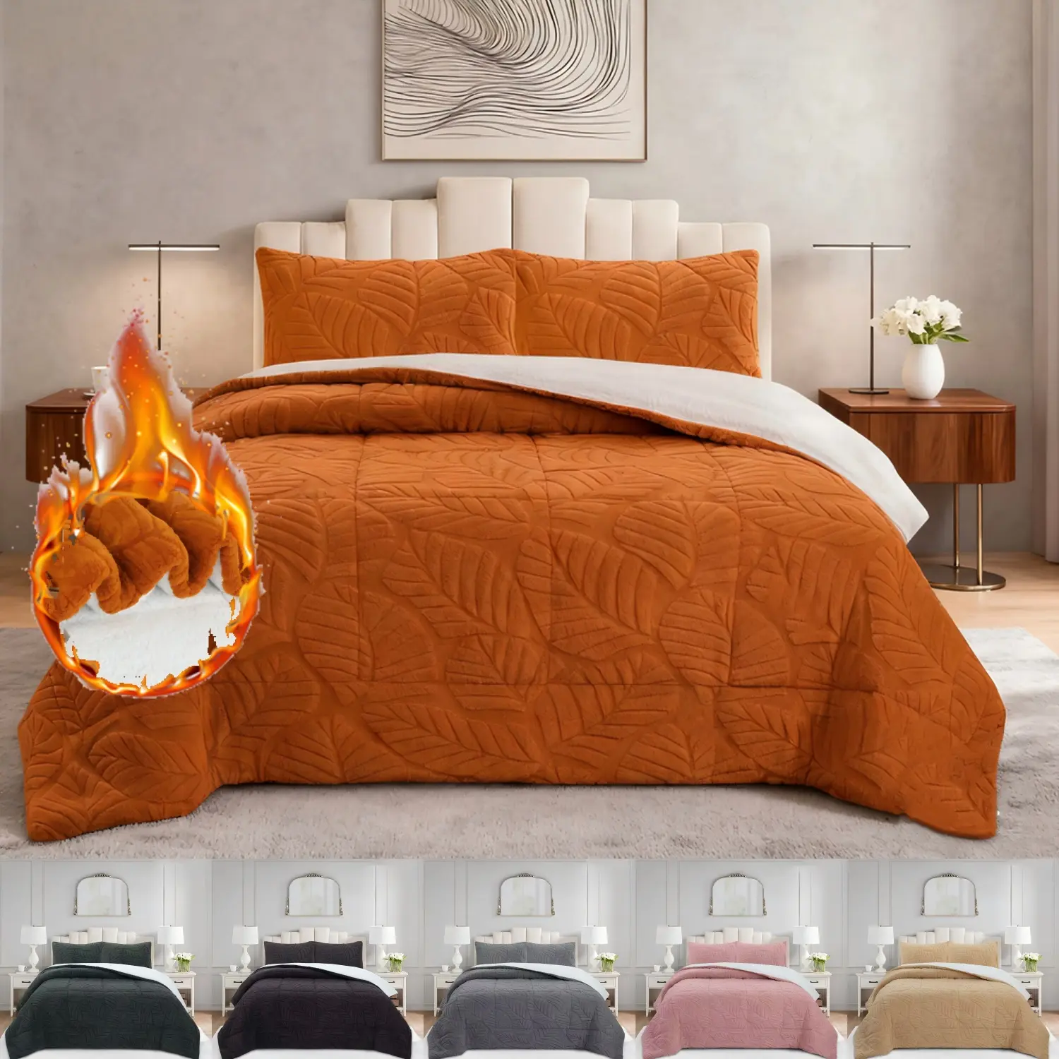 3-Piece Plant Print Modern Fluffy Comforter Set - Premium Plush Sherpa Bedding, Cozy Warm Winter Bedding for Queen/King Beds