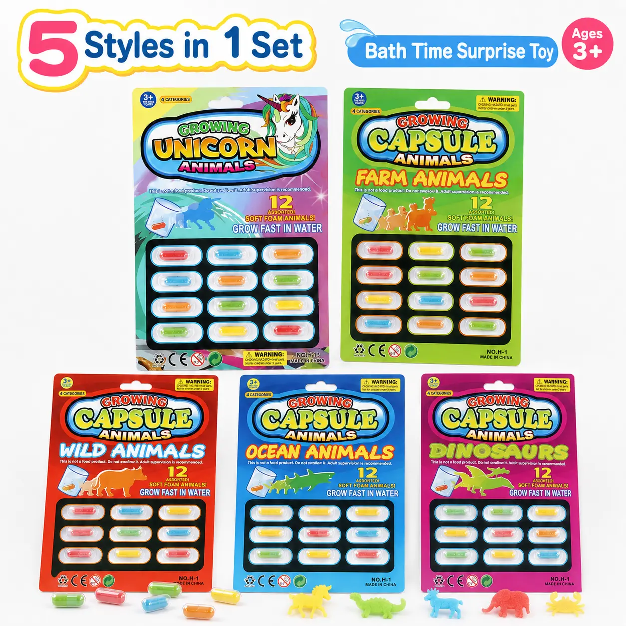 Magic Growing Capsule Animals Bath Toys, Party gift,Party favor,60 PCS Soft Sponge Animal Capsules, 5 Themed Packs, Expands in Warm Water, Fun Bath Time Toy for Kids 3+