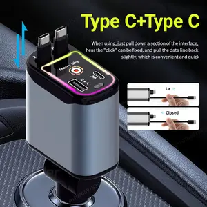 4-in-1 fast charging car charger with Type-C + Type-C ports, comes with a compatible iPhone and Android retractable data cable, red star ambient light, 66W fast charging, dual Type-C ports, extremely fast charging speed, suitable for all vehicles.