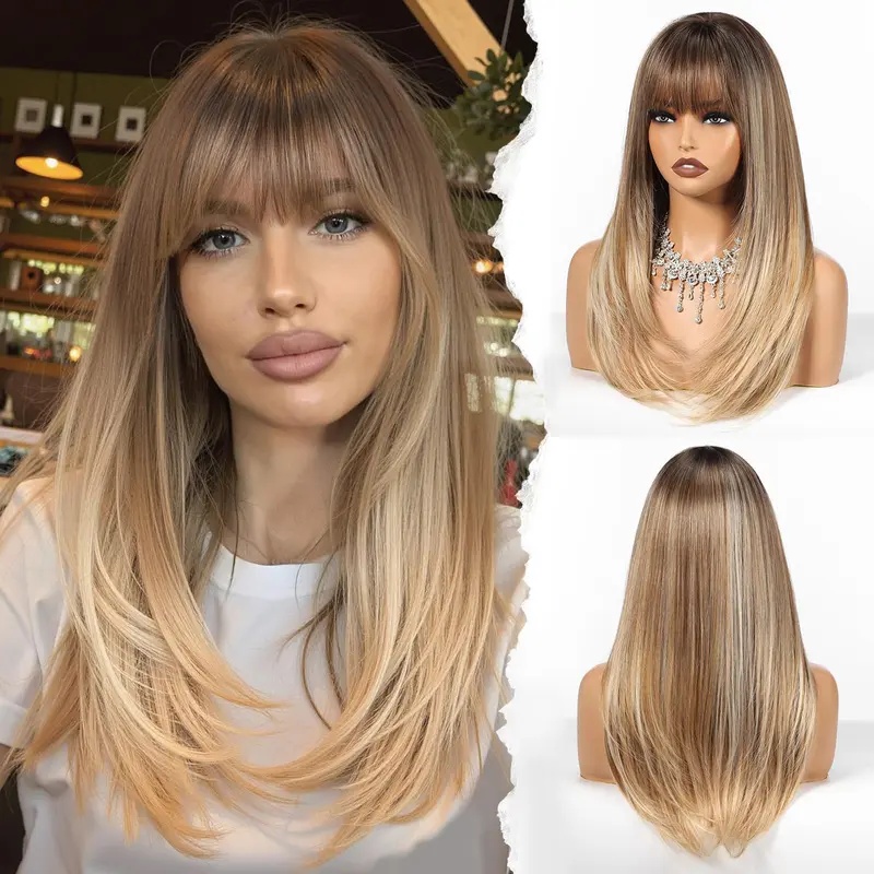 Sohochic AISI HAIR Women's 20-in Silky Straight Synthetic Wig - Pre-Cut Curtain Bangs, Long Layers, Glueless, Heat-Resistant, Natural-Looking Machine-Made Wig for Daily, Wedding Use, Synthetic Material Wigs, Glueless Hair Wigs