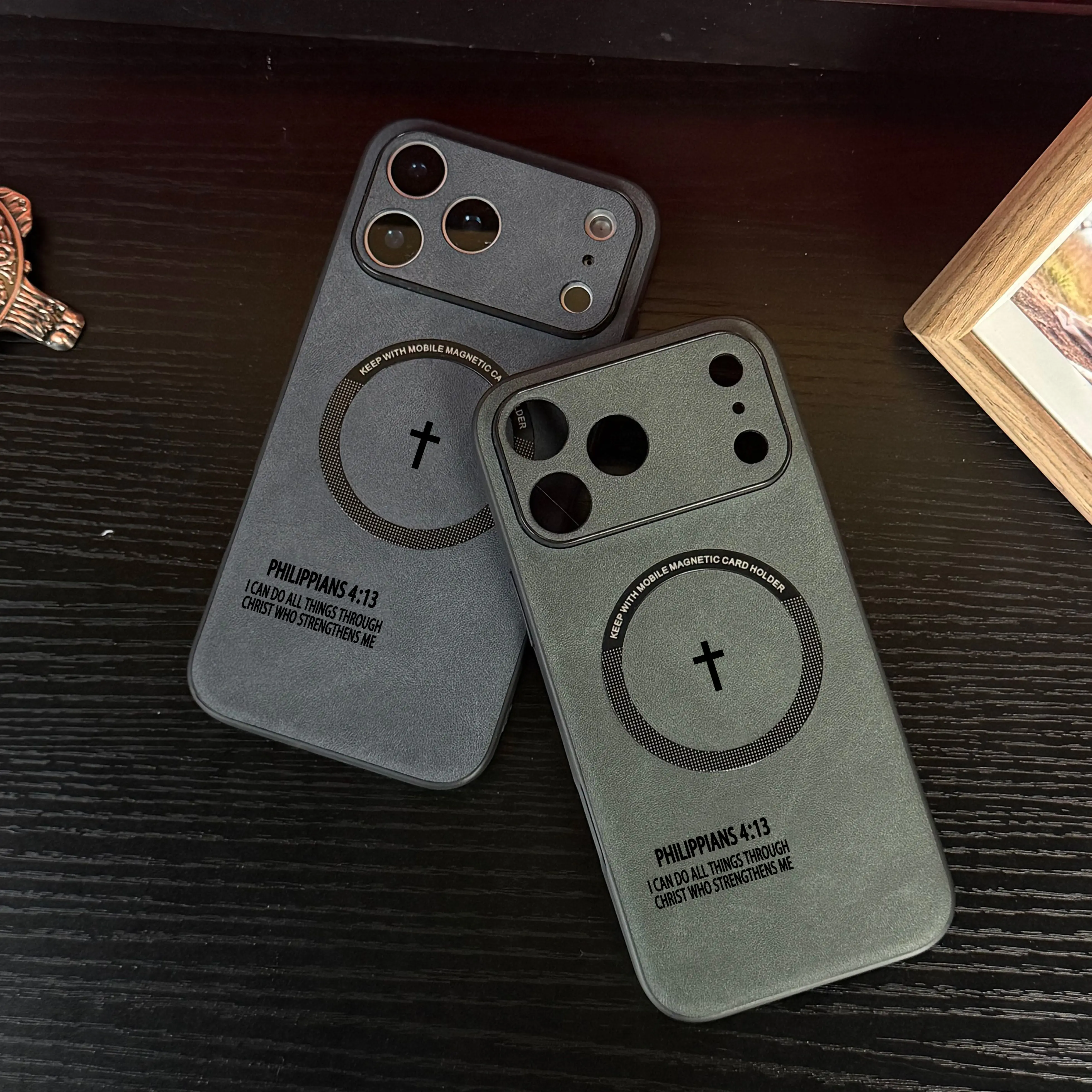 Philippians 4:13 High end leather magnetic phone case suitable for iPhone 17 Air 16 15 14 13 12 Pro Max Plus, supports magsafe charging, feels comfortable to the touch, fully wrapped anti drop and anti slip phone case