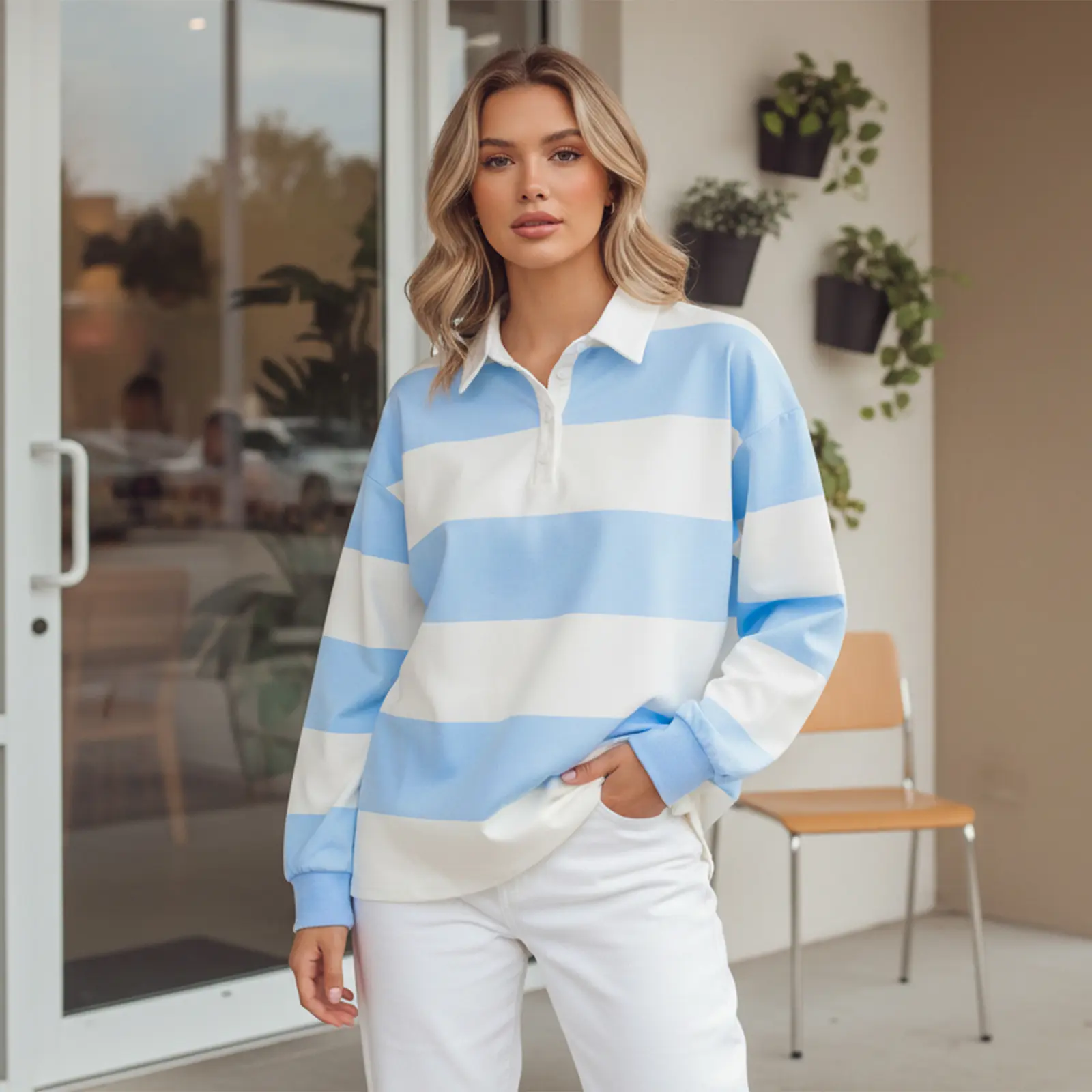 Y2k Women Striped Rugby Polo Shirt Long Sleeve Collared Oversized Vneck Sweatshirt Vintage Jersey Girls Streetwear